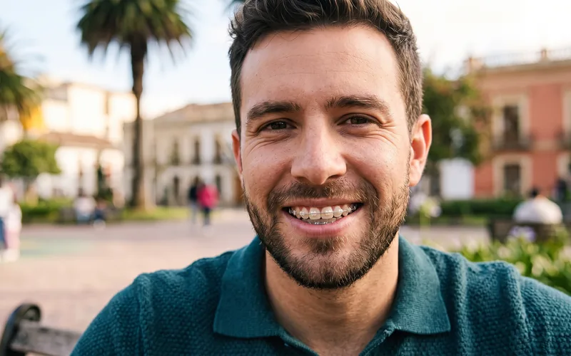 Hombre sonriendo con brackets transparentes casi invisibles
