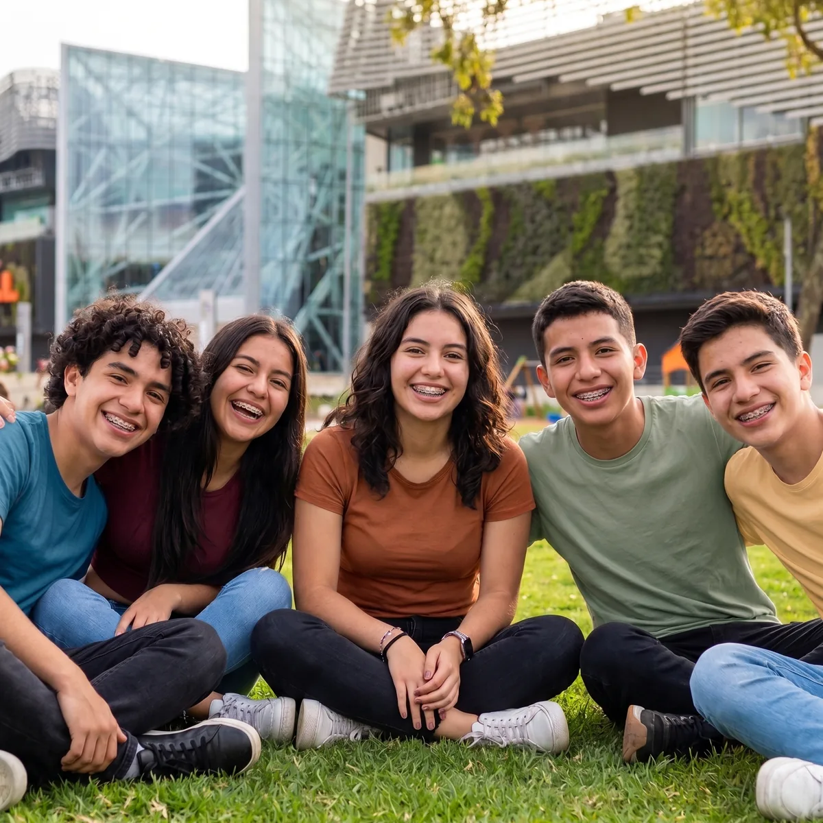Grupo de jóvenes sonriendo con brackets en un parque