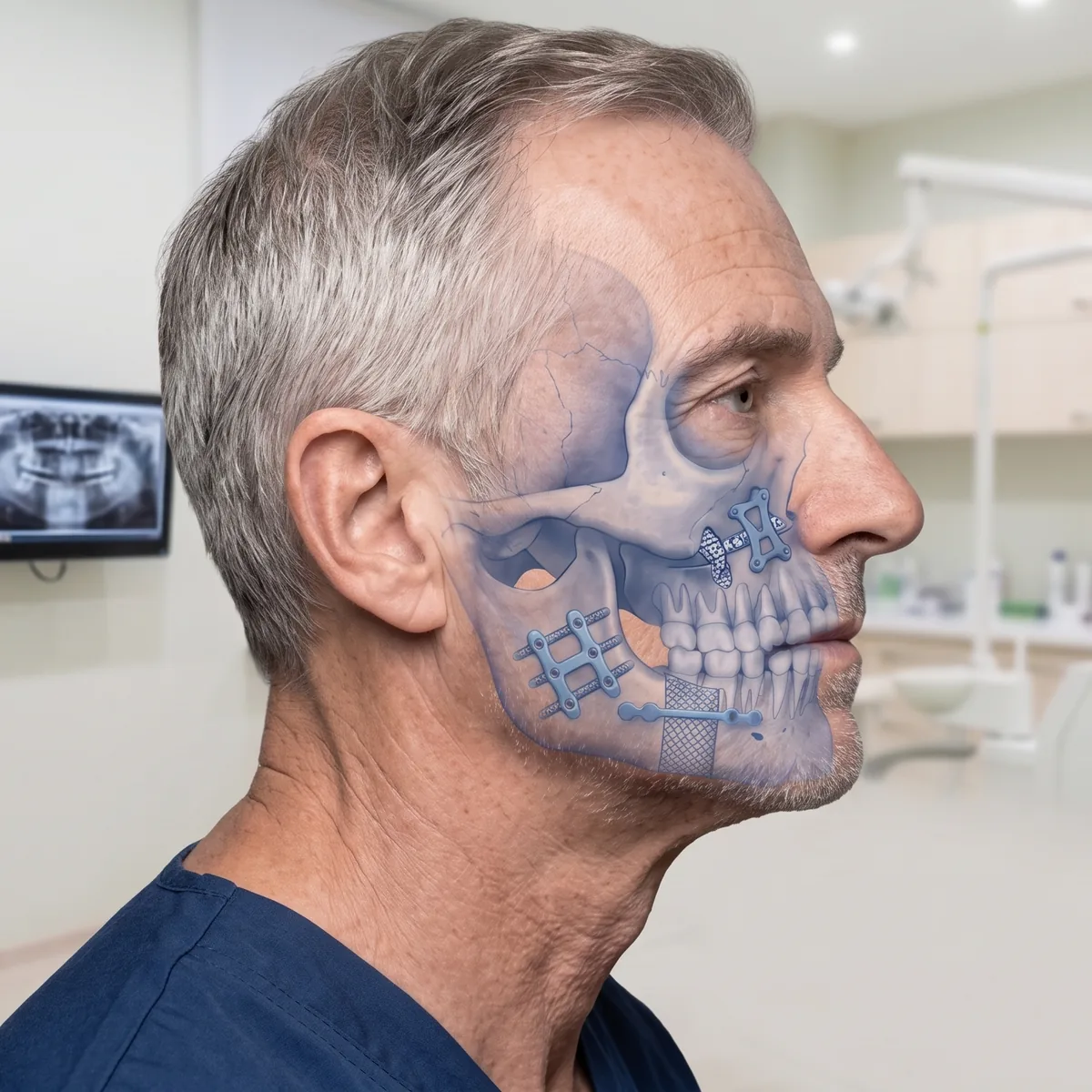 Perfil de un paciente con una imagen superpuesta de la mandíbula y sus placas de fijación