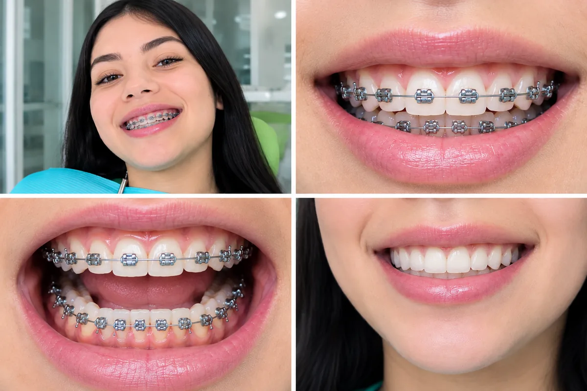 Collage de una joven con brackets: retrato en el sillón dental y primeros planos de su sonrisa