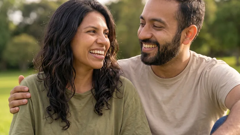 Pareja sonriendo con naturalidad al aire libre