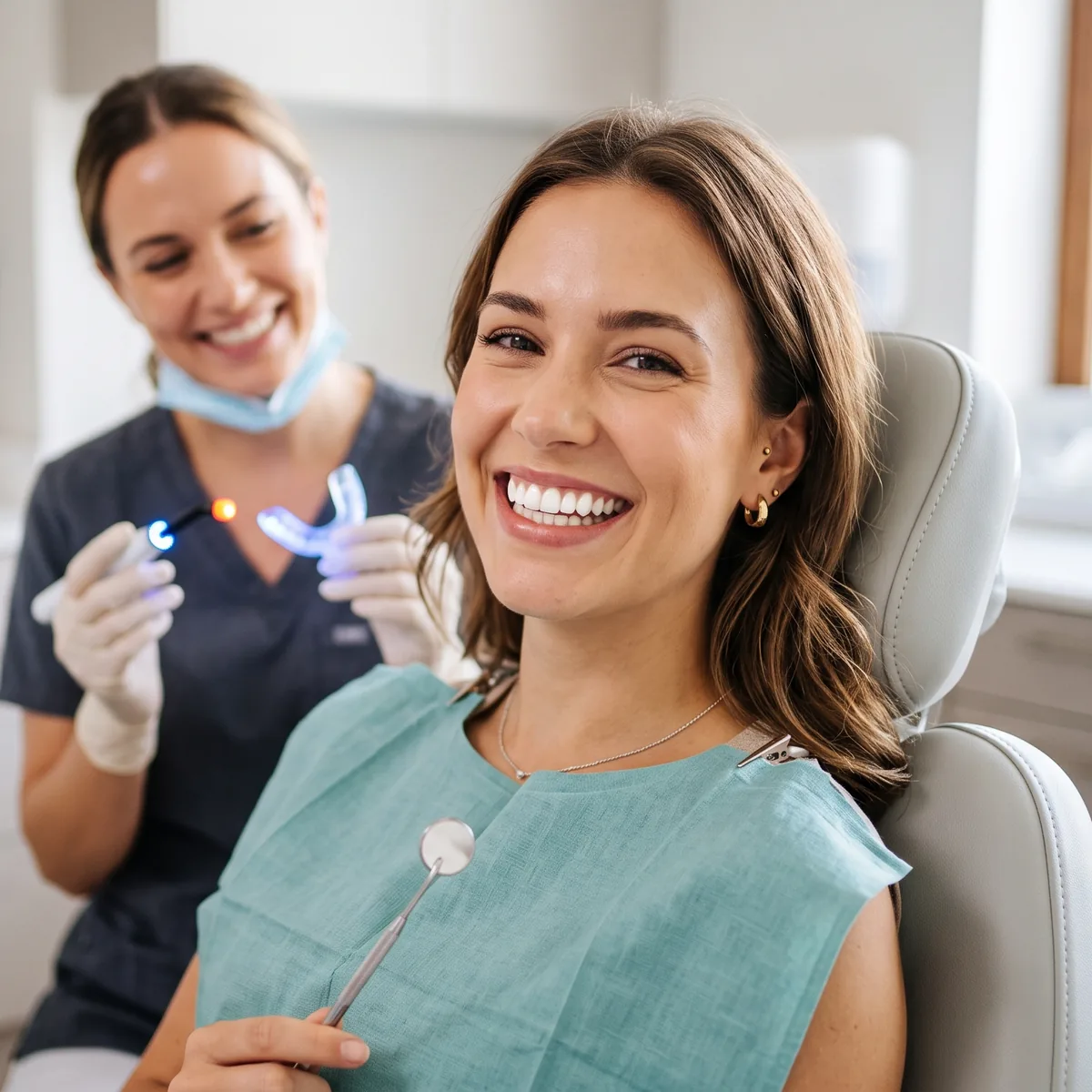Paciente sonriendo en el sillón dental mientras se prepara su blanqueamiento