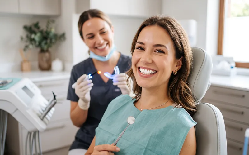 Paciente sonriendo en el sillón dental mientras se prepara su blanqueamiento