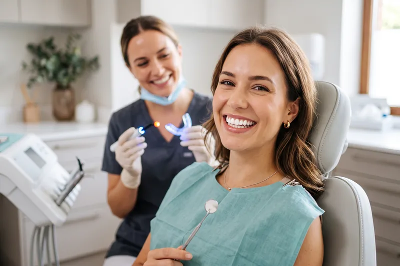Paciente sonriendo en el sillón dental junto a la asistente que prepara su blanqueamiento